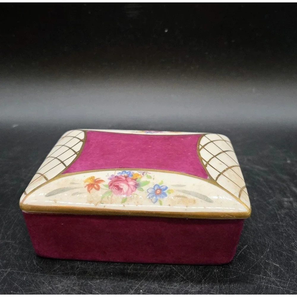 Vintage BW Hand Painted Porcelain Rectangular Trinket Dresser Box Flower Floral